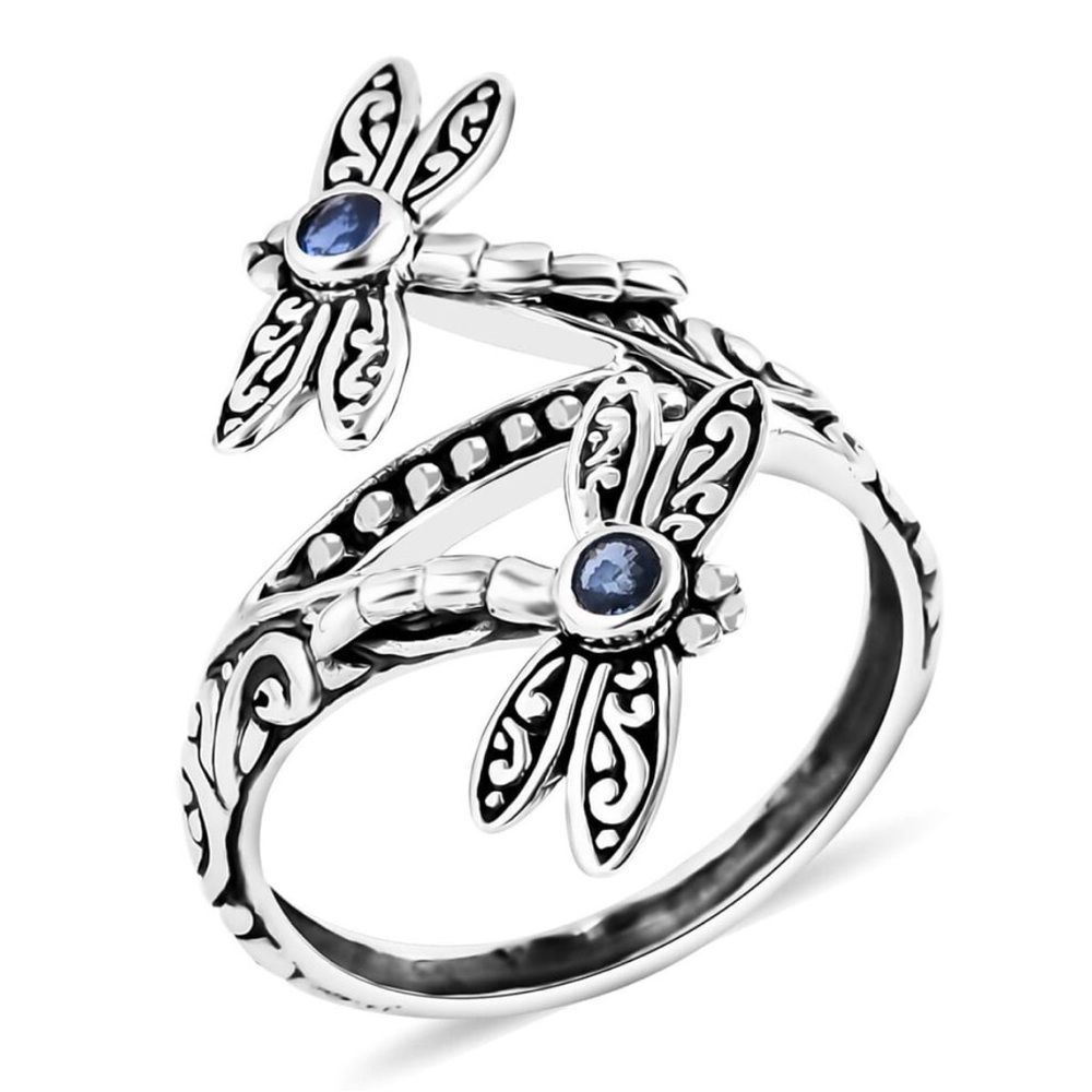 Elegant Sterling Silver Dragonfly Ring Kanchanaburi Blue Sapphires 0.25ctw